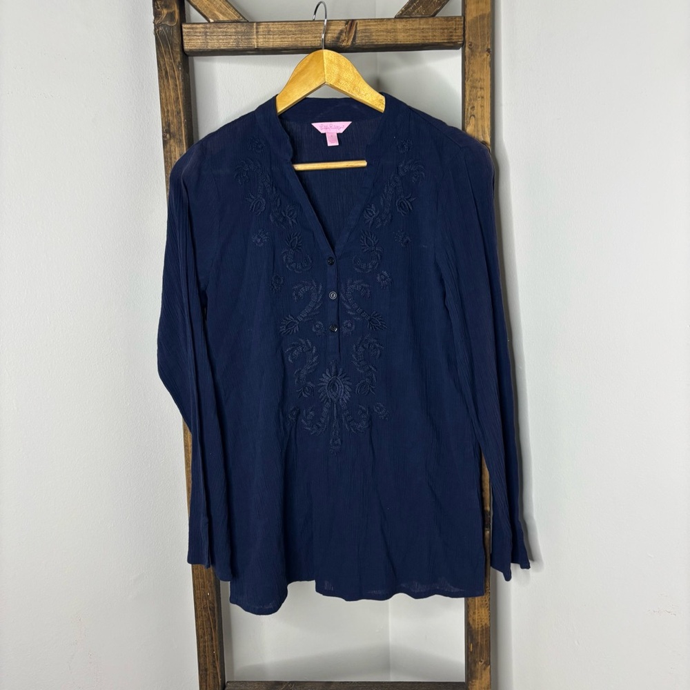 Lilly Pulitzer Navy Blue Embroidered Freya Women's Tunic Top Size S